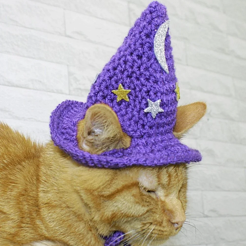 HAND CRAFTED Crochet Halloween Wizard Hat Moon Stars Costume Photo Prop Purple - Picture 3 of 11